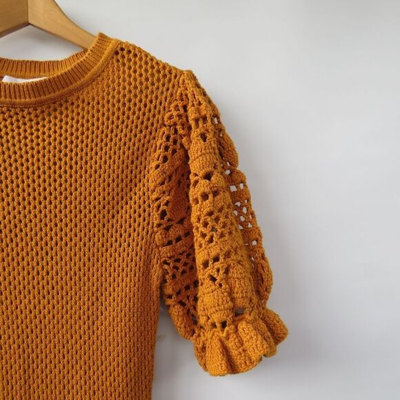 Bennettex Womens Small Boho Crochet Knit Puff Sleeve Cottagecore Farmhouse Dress - Picture 3 of 11